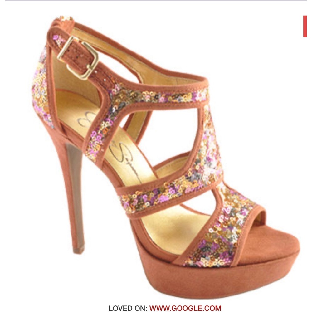 Jessica Simpson Bruno Platform Sandal 10 Rose Gold Sequin Stiletto Strappy Heels